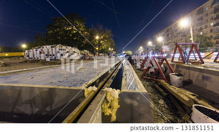 Road construction site with tram tracks repair and maintenance timelapse hyperlapse. Road construction site with tram tracks repair and maintenance timelapse hyperlapse. 131851151