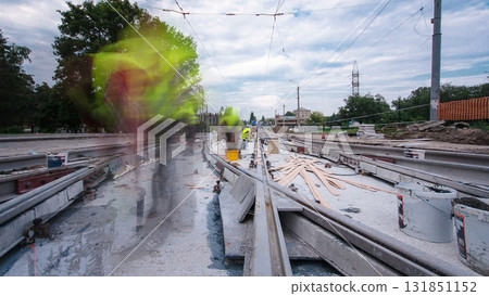 Road construction site with tram tracks repair and maintenance timelapse hyperlapse. 131851152