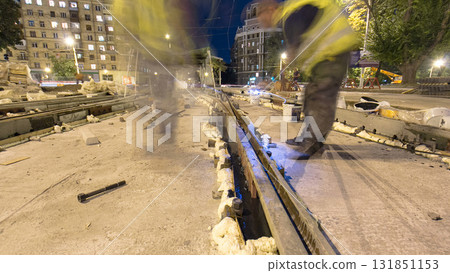 Road construction site with tram tracks repair and maintenance timelapse hyperlapse. 131851153