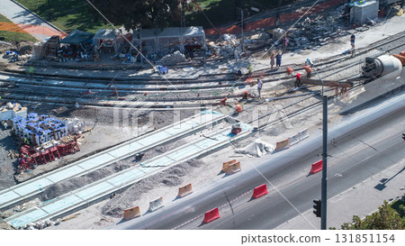 Road construction site with tram tracks repair and maintenance aerial timelapse. 131851154