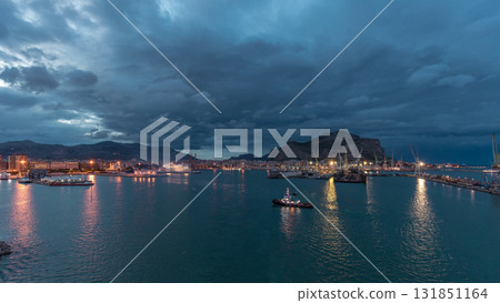 Aerial view of sea with waves and port from ship sailing in the open sea timelapse 131851164
