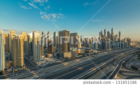 Dubai Marina skyscrapers aerial top view at sunrise from JLT in Dubai timelapse, UAE. 131851186