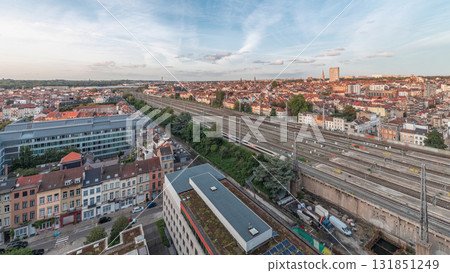 Aerial timelapse of Brussels North station railway tracks with trains arriving and departing. Belgium Aerial timelapse of Brussels North station railway tracks with trains arriving and departing. Belgium 131851249