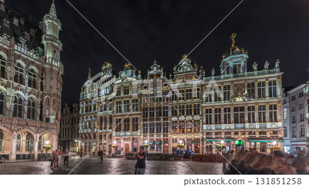 Night hyperlapse of the illuminated Grand Place Guilds facade in Brussels, Belgium. 131851258