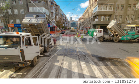 Tractor, roller on the road repair site timelapse. Road construction equipment. Tractor, roller on the road repair site timelapse. Road construction equipment. 131851279