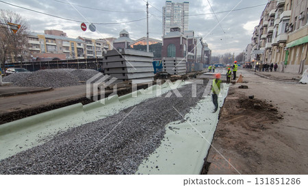 Work bulldozer on the construction of a road timelapse 131851286