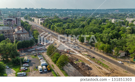 Panoramic aerial view of road big construction site timelapse 131851303