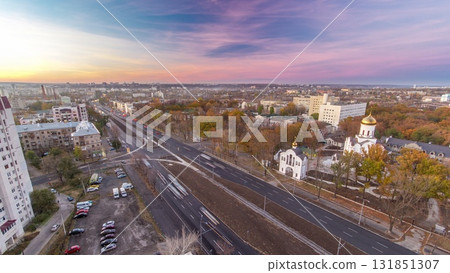 Aerial view with road traffic skyscape day to night timelapse. Kharkiv city from above Aerial view with road traffic skyscape day to night timelapse. Kharkiv city from above 131851307