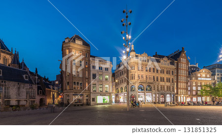 The Dam square in Amsterdam day to night timelapse panorama, The Netherlands. 131851325
