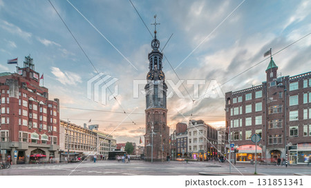 Munttoren tower and flowers market. Panoramic timelapse hyperlapse of Amsterdam city center. Netherlands 131851341