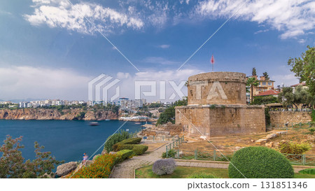 Hidirlik tower in Kas town in Antalya timelapse hyperlapse with view of harbor marine bay is a old city 131851346