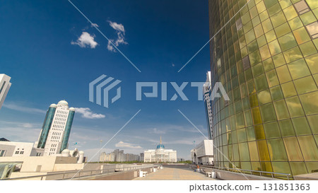 House of Parliament of the Republic of Kazakhstan and modern orange tower timelapse hyperlapse, Nur-Sultan city 131851363