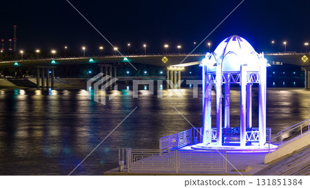 Pavilion with bench and illuminated bridge on the riverside Ural in city Atyrau timelapse hyperlapse Pavilion with bench and illuminated bridge on the riverside Ural in city Atyrau timelapse hyperlapse 131851384