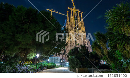 Sagrada Familia, a large church in Barcelona, Spain night timelapse hyperlapse. 131851400
