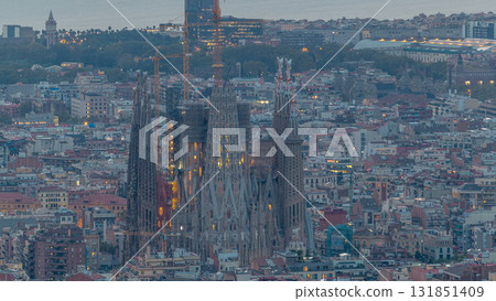 Panorama of Barcelona night to day timelapse, Spain, viewed from the Bunkers of Carmel 131851409