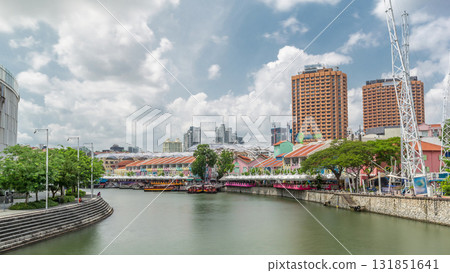 Tourist boats docking at Clarke Quay habour timelapse hyperlapse. 131851641