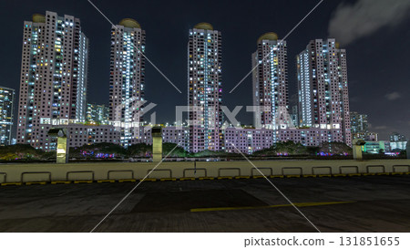 Aerial new estate with neighborhood faculties car park and green garden at the center of Singapore timelapse hyperlapse. 131851655