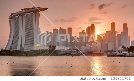Sunset over the downtown skyline of Singapore as viewed from across the water from The Garden East timelapse. Singapore. Sunset over the downtown skyline of Singapore as viewed from across the water from The Garden East timelapse. Singapore. 131851701