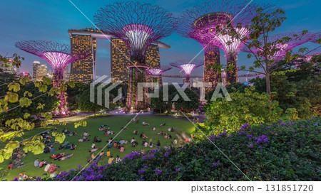 Futuristic aerial view of amazing illumination at Garden by the Bay day to night timelapse in Singapore. Futuristic aerial view of amazing illumination at Garden by the Bay day to night timelapse in Singapore. 131851720