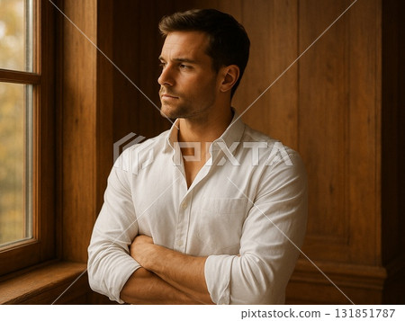 A quiet man's profile in the soft morning light A quiet man's profile in the soft morning light 131851787