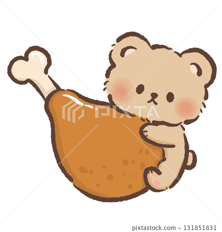 Cute Kawaii Bear Hugging Turkey Drumstick Autumn Feast Illustration Adorable Cozy Animal Character Art Fall Dinner Food Cartoon Design for Stickers Stationery and Thanksgiving Celebration 131851831