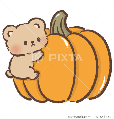 Cute Kawaii Bear Hugging Pumpkin Autumn Illustration Adorable Cozy Animal Character Art Fall Harvest Design Sweet Cartoon for Stickers Stationery and Thanksgiving Decor 131851839