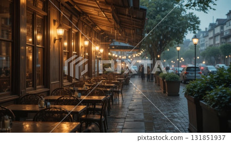 Charming Outdoor Dining Area During a Rainy Evening in a Cozy Urban Setting Charming Outdoor Dining Area During a Rainy Evening in a Cozy Urban Setting 131851937