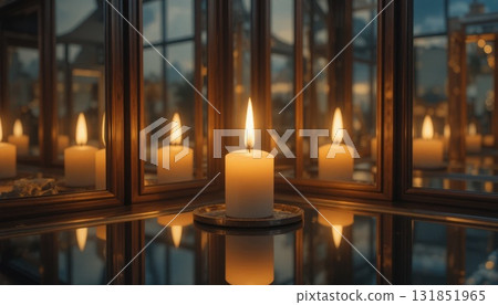 Candle Glowing Softly Among Mirrors Reflecting Warm Light During Evening Ambiance at a Cozy Indoor Space 131851965