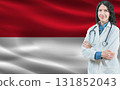 Monegasque medicine and healthcare concept. Doctor close up against Monaco flag background 131852043
