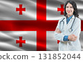 Georgian medicine and healthcare concept. Doctor close up against Georgia flag background 131852044