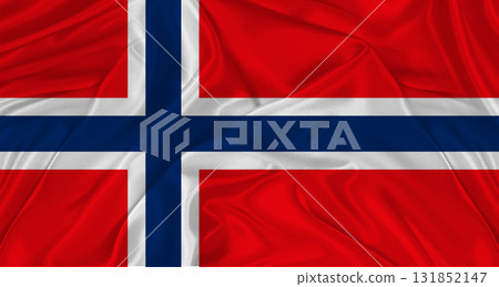 Flag of Norway with cloth texture. Close up of Norwegian flag waving 131852147