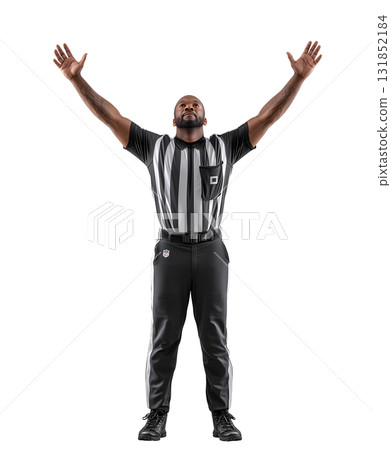 American Football Referee Signaling Touchdown with Raised Arms 131852184