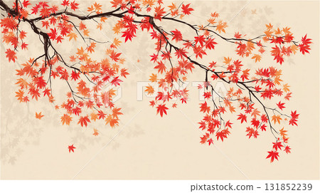 紅色和橙色楓樹枝條在米色背景上呈現出逼真的陰影效果。 131852239