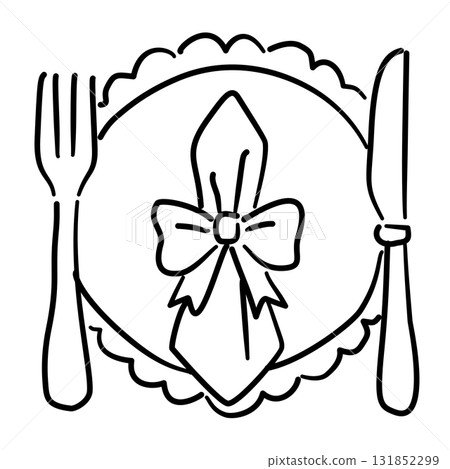 Elegant Thanksgiving Table Setting Line Art with Bow Napkin Coquette Dinner Outline Illustration for Fall Feast Holiday Decor and Autumn Celebration Design 131852299