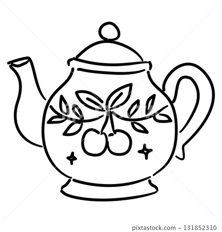 Cherry Teapot Line Art Coquette Thanksgiving Tea Party Outline Illustration for Fall Kitchen Decor Autumn Tea Time and Whimsical Cottagecore Design 131852310
