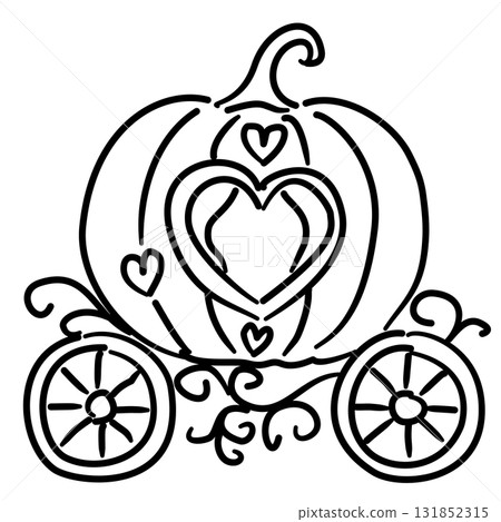 Whimsical Pumpkin Carriage Line Art with Hearts Fairytale Princess Coquette Outline Illustration for Romantic Wedding Invitation Halloween Fantasy or Magical Decor 131852315