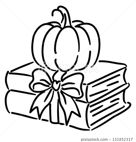Pumpkin on Stack of Books Line Art with Ribbon Coquette Thanksgiving Autumn Outline Illustration for Bookish Fall Decor Cottagecore and Cozy Seasonal Design 131852317