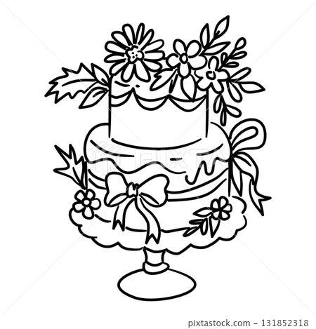 Floral Cake Line Art on Stand with Bows and Flowers Coquette Thanksgiving Dessert Outline Illustration for Fall Bakery Autumn Celebration and Holiday Decor Floral Cake Line Art on Stand with Bows and Flowers Coquette Thanksgiving Dessert Outline Illustration for Fall Bakery Autumn Celebration and Holiday Decor 131852318