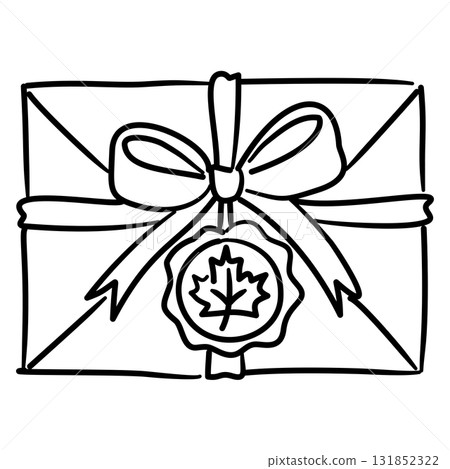 A letter Line Art with Bow and Maple Leaf Seal Coquette Thanksgiving Autumn Present Outline Illustration for Fall Holiday Packaging and Seasonal Decor 131852322