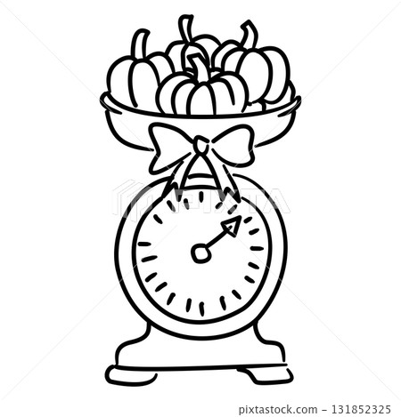 Vintage Kitchen Scale Line Art with Pumpkins and Bow Coquette Thanksgiving Outline Illustration for Fall Harvest Decor Farmhouse Kitchen and Holiday Design 131852325