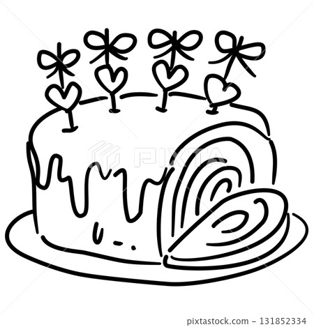 Swiss Roll Cake Line Art with Heart and Bow Toppers Coquette Thanksgiving Dessert Outline Illustration for Fall Bakery Autumn Sweet Table and Festive Decor 131852334