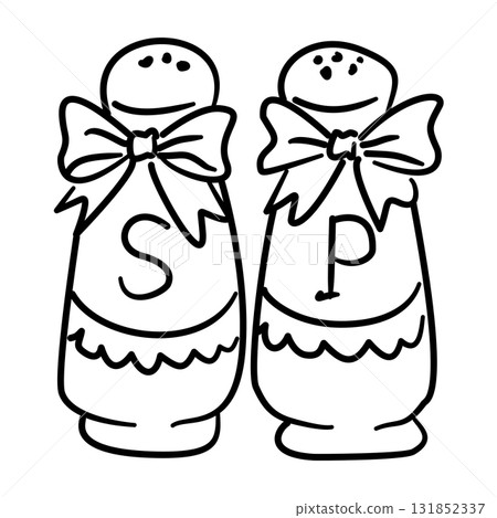 Adorable Salt and Pepper Shakers Line Art with Bows Coquette Thanksgiving Kitchen Decor Outline Illustration for Holiday Dining and Cute Autumn Table Design 131852337