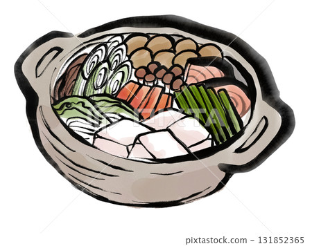 Ink painting style illustration of a pot containing tofu, meatballs, salmon, green onions, carrots, shimeji mushrooms, and Chinese cabbage 131852365