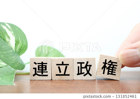 聯合政府字母塊。代表政治體制和政黨合作。白色背景和複製空間。 131852461