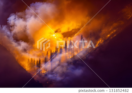 Forest Fire Engulfing Mountain Trees 131852482