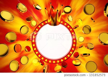 Winner jackpot banner red frame light bulb with gold coins flying around, gambling game, 3D render 131852573