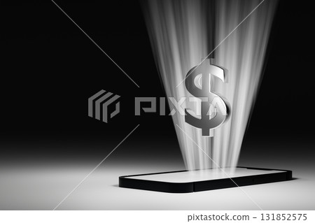 Dollar sign on smartphone mobile phone with light beam from screen, business concept, 3D rendering. 131852575