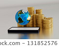 phone with stack of gold coins and globe or earth, world business concept. 3D render element by NASA 131852576