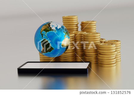 phone with stack of gold coins and globe or earth, world business concept. 3D render element by NASA phone with stack of gold coins and globe or earth, world business concept. 3D render element by NASA 131852576