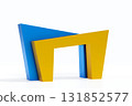 Yellow and blue booth exhibition stand arch for product fair show, 3D rendering. 131852577